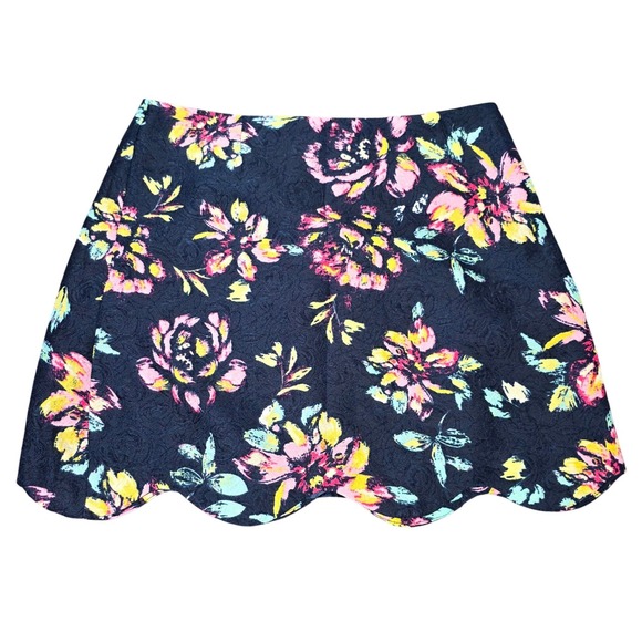 Lush Dresses & Skirts - Lush Floral Jacquard Scalloped Mini Skirt Women's Size Large Navy Pink Yellow